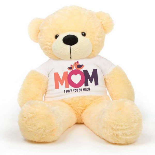Peach 5 feet Big Teddy Bear wearing a Mom I Love You So Much T-shirt